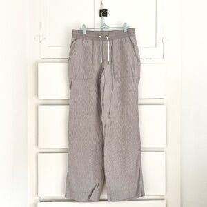 Athleta 100% Linen Wide Leg Drawstring Pants Size 8 Taupe Stripe